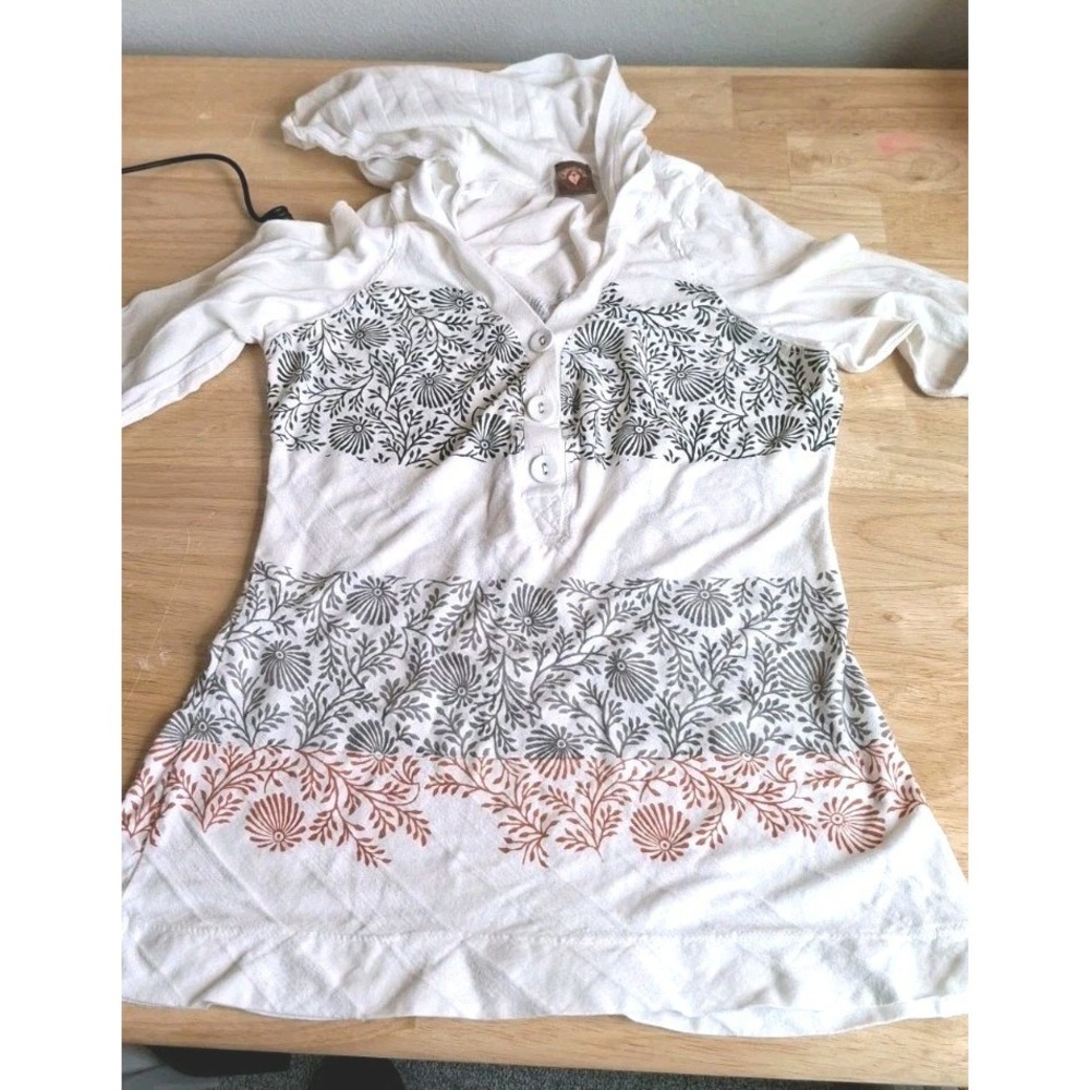 Vtg Language Los Angles Y2K Long Sleeve Top Ivory Floral Henley Hoodie M Boho - Picture 8 of 9